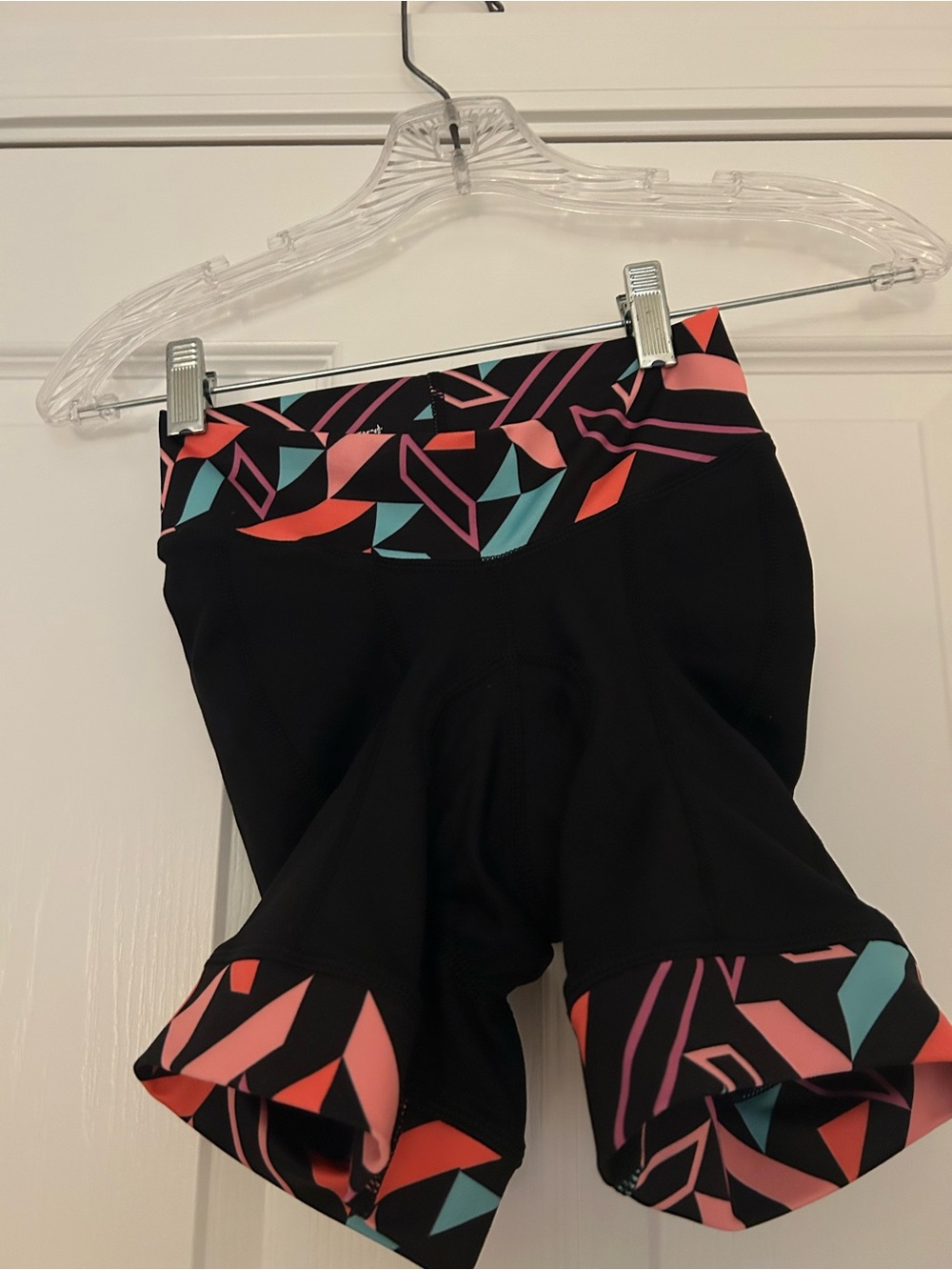 shebeest Black Bike Shorts with Coral, Teal & Pink Geometric Trim - Picture 2 of 6